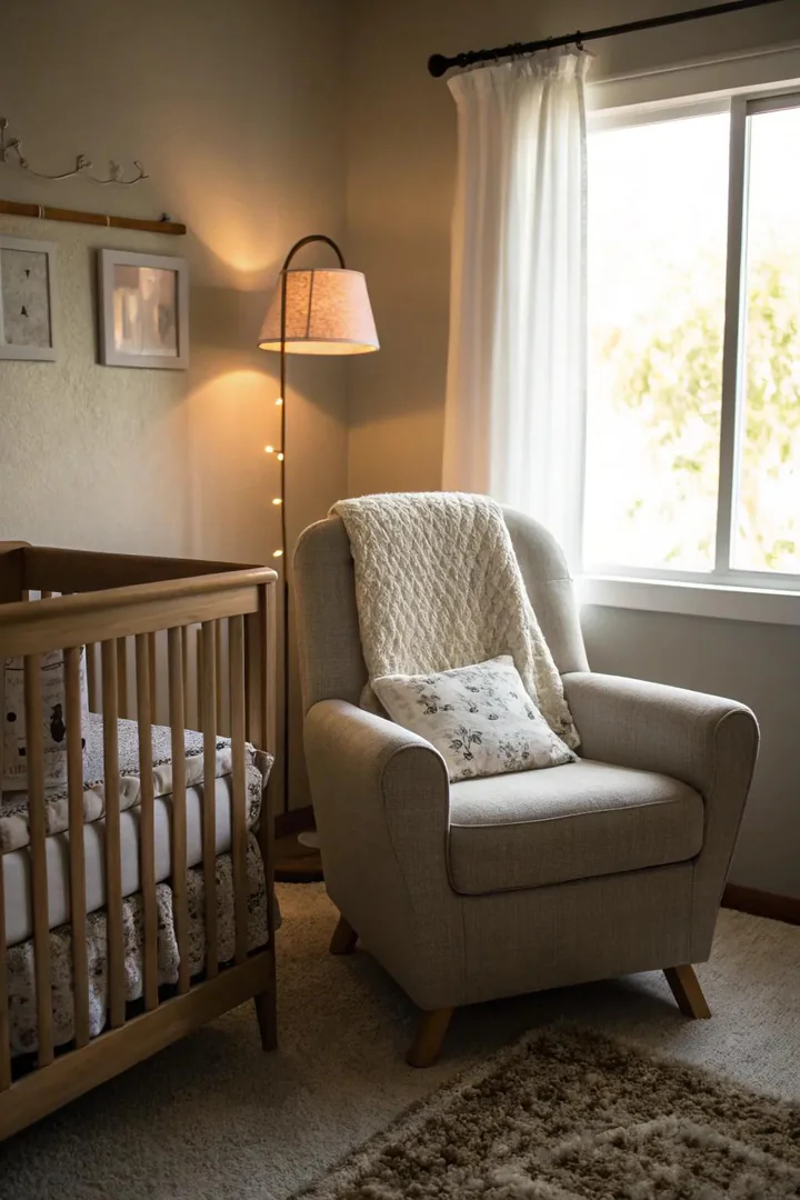 A comfy chair adds a perfect spot for bonding in the nursery nook.