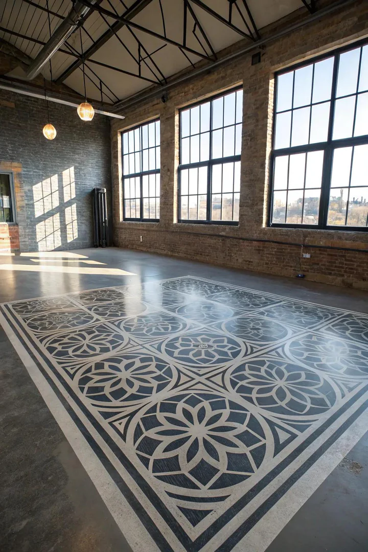 Transform your space with stunning graphic designs on concrete floors. A bold statement for the modern home.
