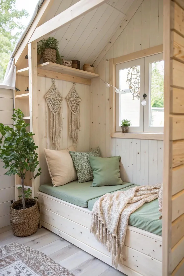Dive into a world of stories with this charming playhouse reading nook, where simplicity meets cozy elegance.