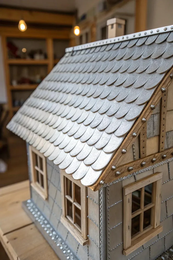 Transform your dollhouse with a chic metal roof made from soda cans! Embrace simplicity and craftsmanship for a truly unique look.