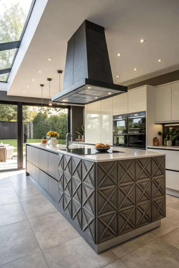 An avant-garde bulkhead with geometric shapes in a modern kitchen.