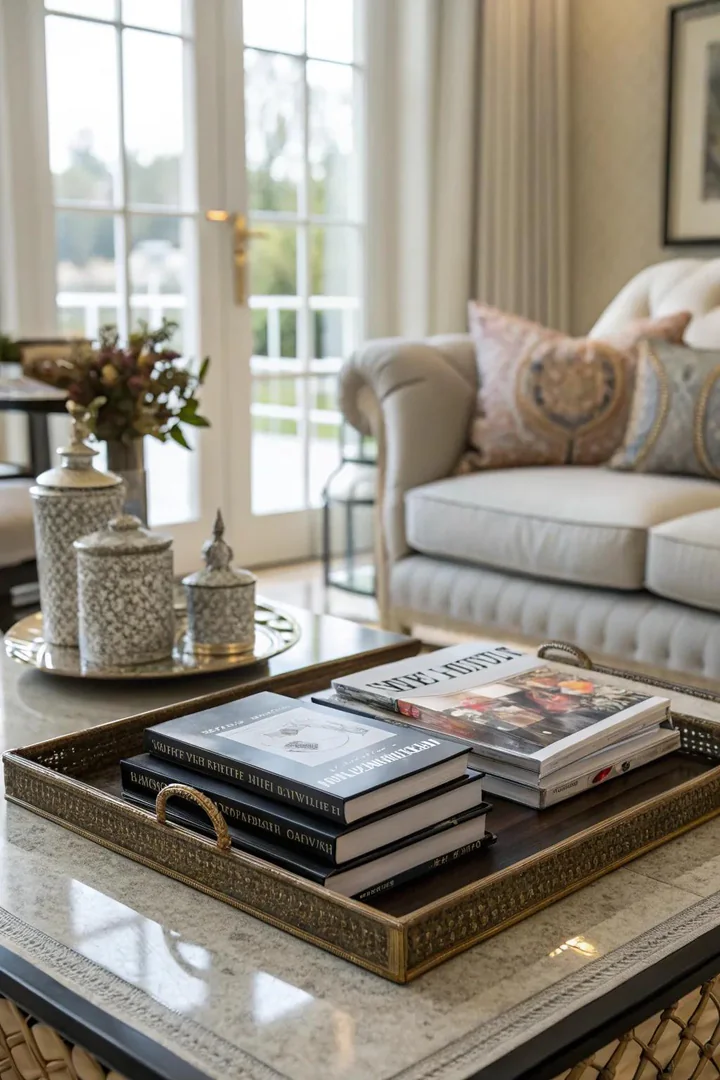 Books elegantly stacked on a decorative tray.