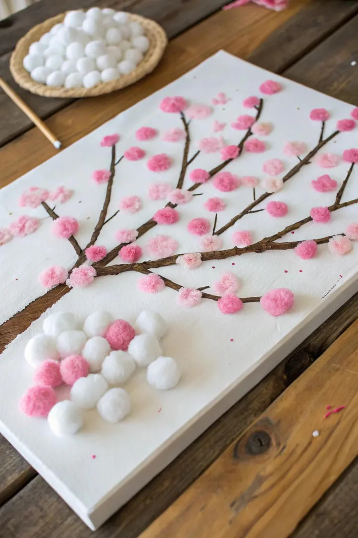 Cherry blossom art using cotton balls for a soft touch.