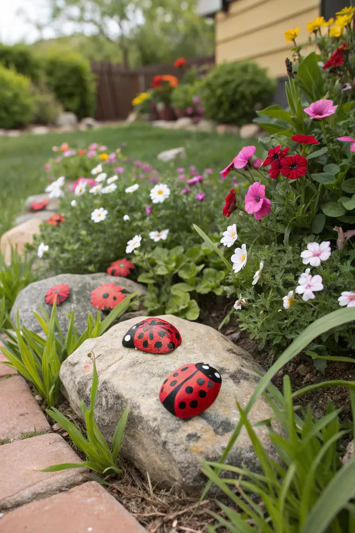 Painted rock ladybugs bring charm to gardens.