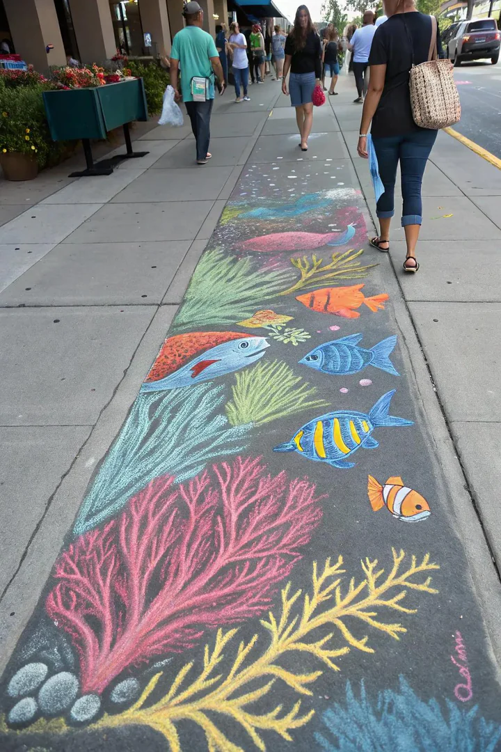 An aquatic adventure in chalk brings the ocean to the sidewalk.