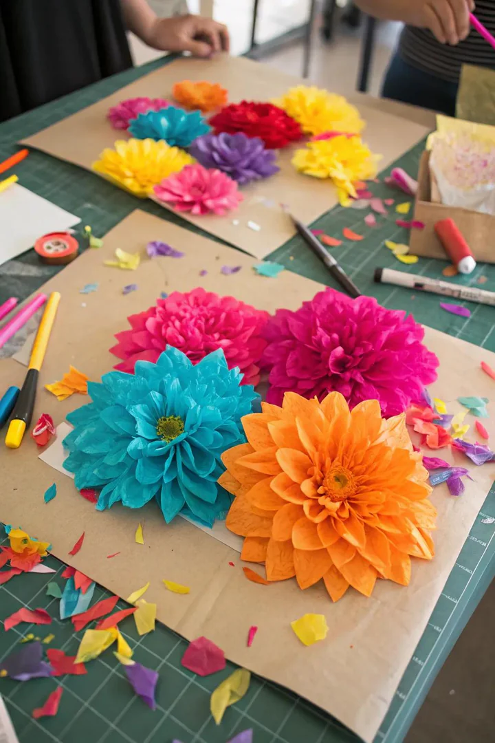 Tissue paper collage bringing vibrant blooms indoors.