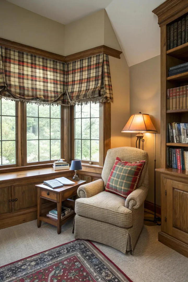 A snug reading nook featuring a plaid valance that adds a traditional rustic touch.