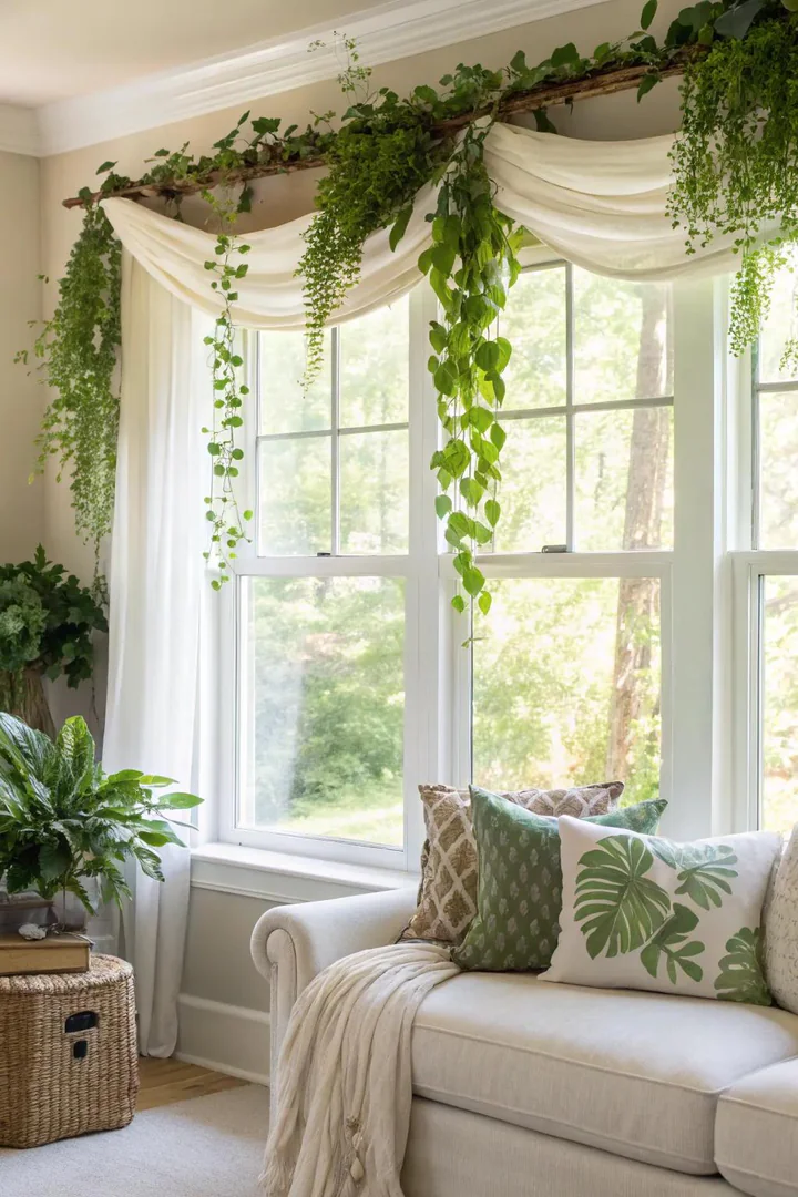 A nature-inspired living room with a valance adorned with greenery, creating a serene atmosphere.