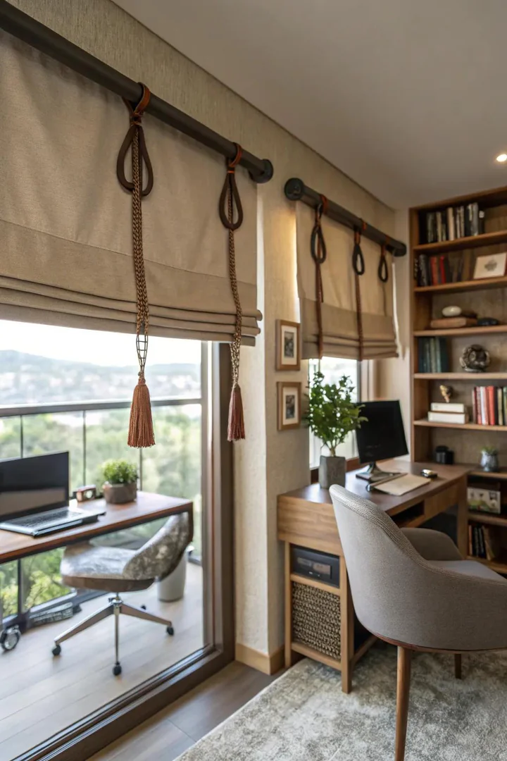 A stylish office featuring a valance with leather loop details, adding a touch of elegance.